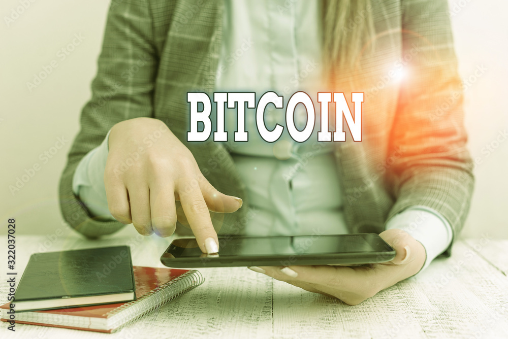Poster writing note showing bitcoin. business concept for cryptocurrency blockchain digital currency tradea