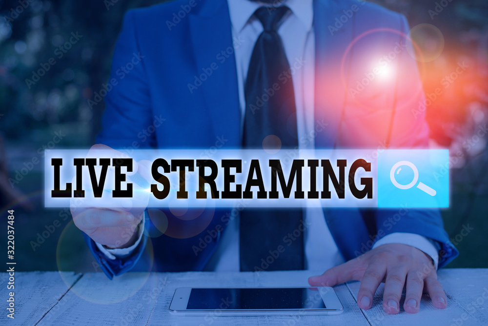 Poster text sign showing live streaming. business photo text media simultaneously recorded and broadcast in