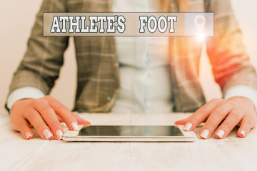 Text sign showing Athlete Foot. Business photo showcasing a fungus infection of the foot marked by...