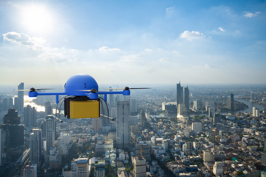 Delivery drone used to transport packages fly on city background, 5G technology concept