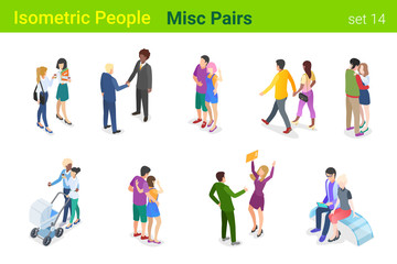 Isometric Casual People flat vector collection. Couple of people walking standing hugging sitting on Bench