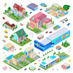 Countryside Cottage Isometric city scene generator creator vector design objects illustration. Private residence villa school kindergarten buildings cars street objects collection.