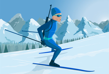 A biathlete is skiing uphill, the athlete is breathing heavily. Training ahead of the Biathlon competition. Preparing for the championship. A snowy route with mountains and fir trees. Sprint chase. 