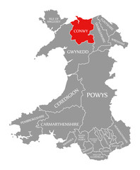 Conwy red highlighted in map of Wales