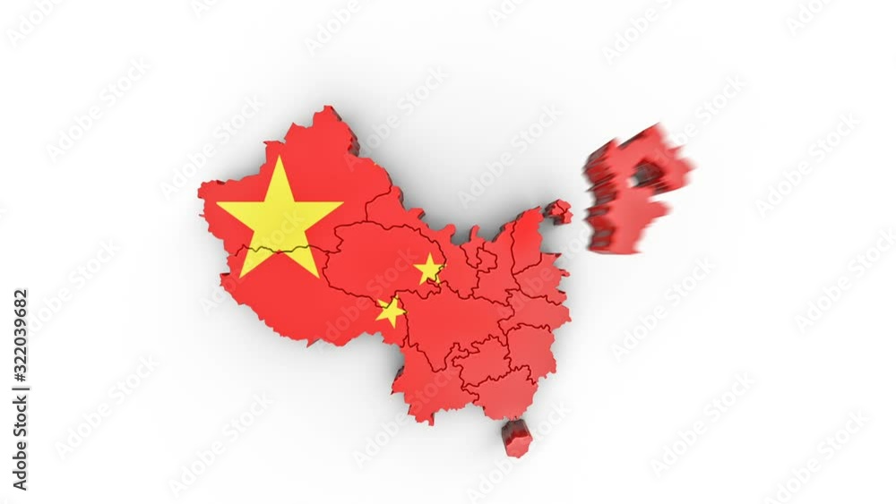 Poster map of china with flag, top view. formed by individual states falling from top to bottom on white. a