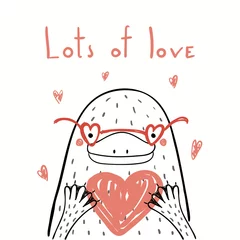 Sierkussen Hand getekende vectorillustratie van een leuke grappige vogelbekdier in glazen, met een hart, met tekst Veel liefde. Geïsoleerde objecten op wit. Lijntekening. Ontwerpconcept kinderen Valentijnsdag kaart, uitnodigen. © Maria Skrigan