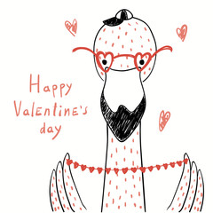 Illustration vectorielle dessinés à la main d& 39 un flamant rose drôle mignon dans des verres, tenant un coeur, avec texte Happy Valentines day. Objets isolés sur blanc. Dessin au trait. Concept de design pour carte enfants, inviter.