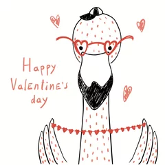 Foto auf Glas Handgezeichnete Vektorgrafik eines niedlichen lustigen Flamingos in Gläsern, ein Herz haltend, mit Text Happy Valentines Day. Isolierte Objekte auf Weiß. Strichzeichnung. Designkonzept für Kinderkarte, einladen. © Maria Skrigan