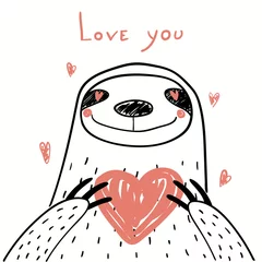 Foto op Plexiglas Hand getekende vectorillustratie van een leuke grappige luiaard met een hart, met tekst Love you. Geïsoleerde objecten op een witte achtergrond. Lijntekening. Ontwerpconcept voor kinderen Valentijnsdag kaart, uitnodigen. © Maria Skrigan