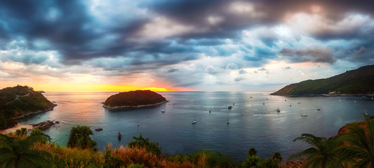 Panorama of a colorful sunset at the sea, Phuket, Thailand