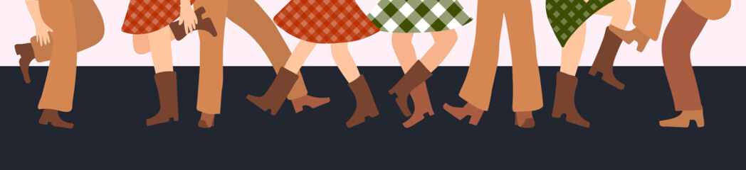 Vector illustration horizontal banner with male and female legs in cowboy boots dancing country western on a dark background in flat style.