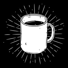 Mug. Hand drawn vector illustration with mug and sunburst.