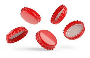 Falling red caps from beer bottles in red, rain from the covers. Template design.
