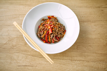 Stir fry noodles soba with beef