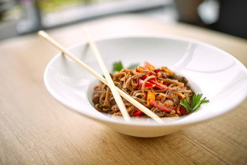 Stir fry noodles soba with beef