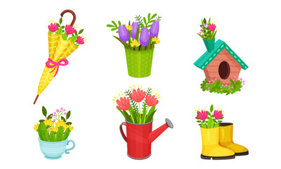 Garden Flowers in Different Containers and Fancy Pots Vector Set