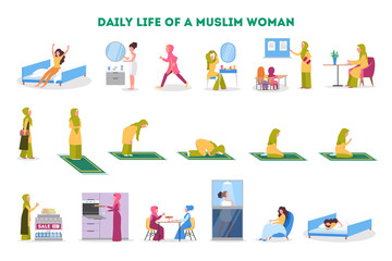 Daily routine of a muslim woman set. Female character