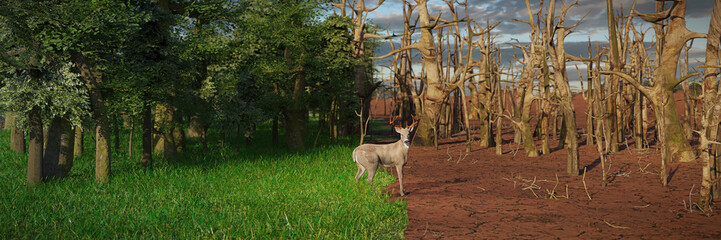 deer in past and future forest, climate change crisis, global warming impact on nature - obrazy, fototapety, plakaty