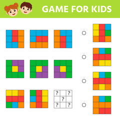Education logic game for kids development of logic iq. Kids activity sheet. Find color matching. Geometric figure: square. Children funny riddle entertainment