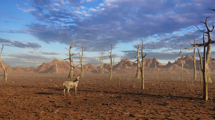 deer in dead forest, climate change crisis - obrazy, fototapety, plakaty