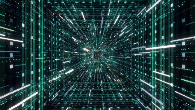 Abstract creative cosmic background, hyper jump into another galaxy through the green tunnel. Animation. Speed of light, neon glowing rays in motion.