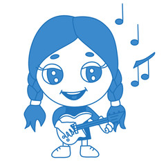 cool girl plays electric guitar, vector smiley in color, simplified blue emoticon