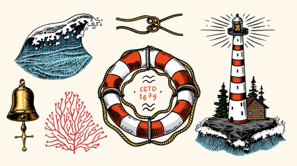 Naklejka premium Nautical adventure set. Sea lighthouse, marine ocean waves, beacon and lifebuoy. Hand drawn engraved monochrome vintage old sketch.