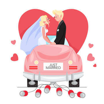 Just married man and woman in the car