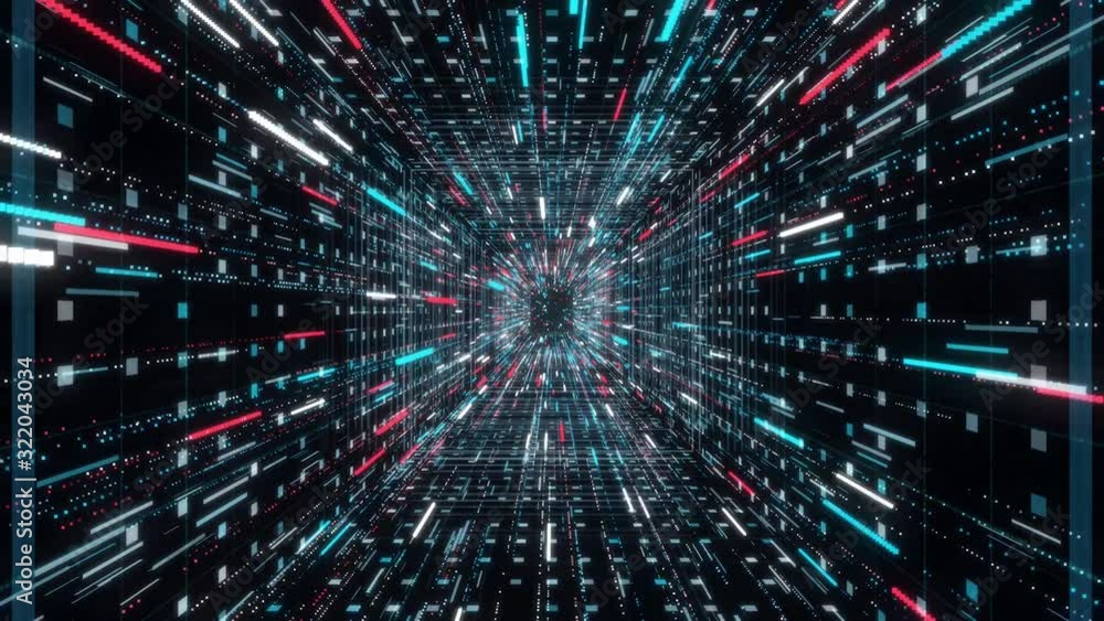 Poster Flying through an abstract colorful wormhole tunnel on black background, seamless loop. Animation. Jump into hyperspace, 3d graphic motion.