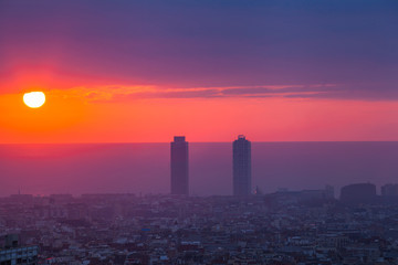 Beautiful sunrise in Barcelona city