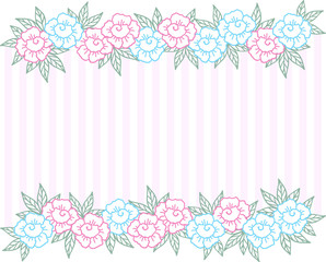 Festive pale pink striped background with horizontal flower border. Border of abstract blue and pink roses with leaves. Design template for holiday greeting card or banner. Wedding background