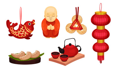 Chinese Culture Attributes and Symbols with Tea Ceremony and Buddha Figure Vector Set