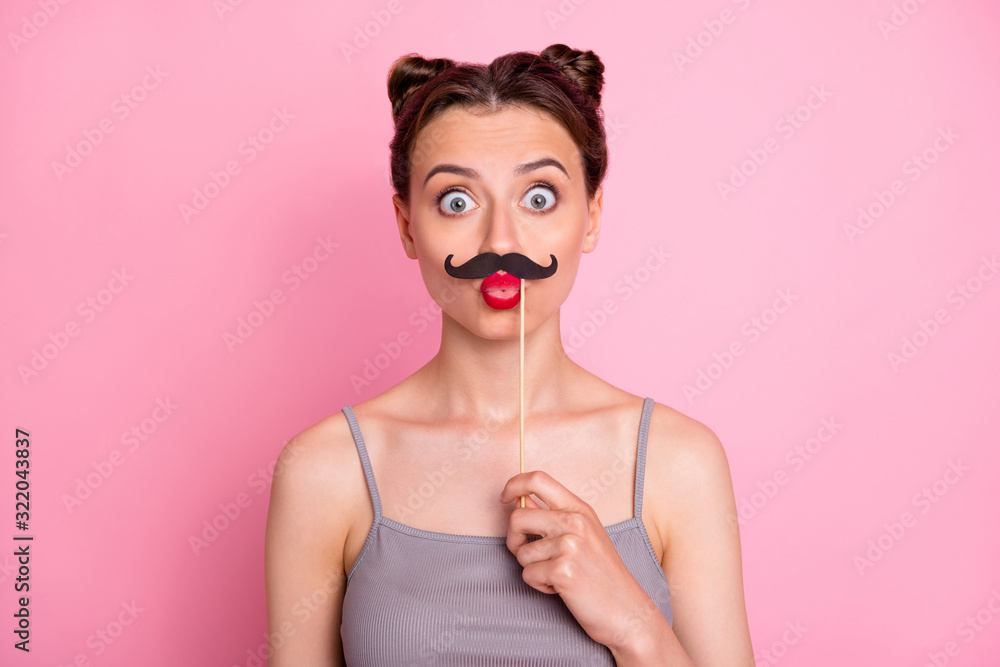 Sticker Portrait of funny teen girl hold mustache mask feel fun celebrate valentine summer day party send air kisses wear casual style outfit isolated over pastel color background