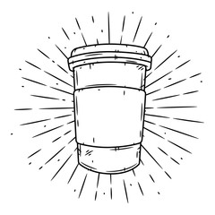 Coffee cup. Hand drawn vector illustration with coffee cup and divergent rays.