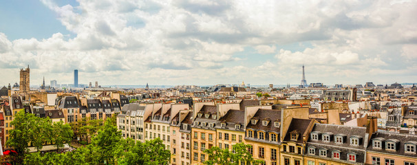 Panoramic view, aerial skyline of Paris on city center, Eiffel Tower, Sacre Coeur Basilica,...