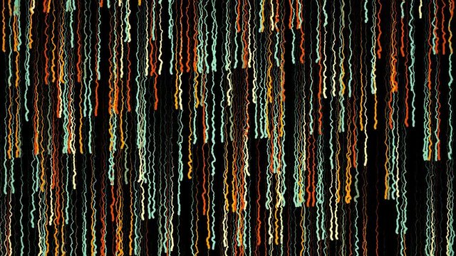 Abstract digital paint lines motion on black background, seamless loop. Animation. Drops of paint of different colors or curving lines falling down fast.