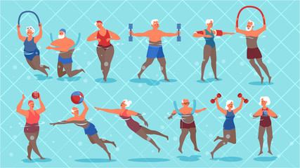 Set of old people doing exercise in swimming pool.