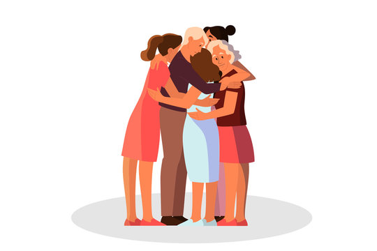 Women Group Hugging Together. Female Character Support Each Other.