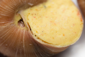 still life of stuffed snail sauce, on a white background