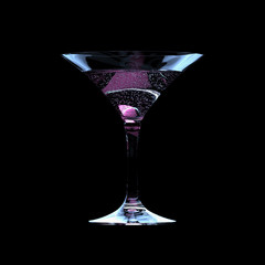 Conical Martini Cocktail Glass with Fizz Drink, Sparkling Wine or Champagne in Neon Lights. 3D Render Isolated on Black Background.
