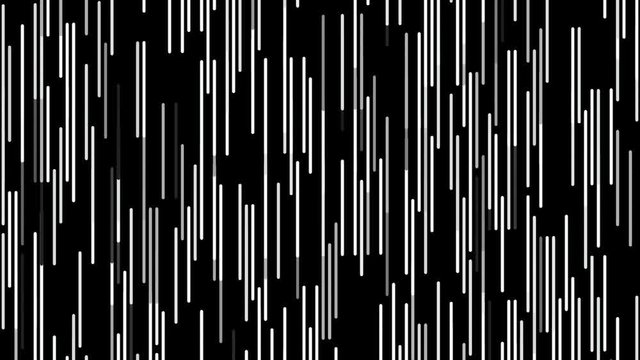 Abstract short narrow lines of white color flowing from the bottom to the top on black background, seamless loop. Animation. Monochrome parallel stripes moving slowly.