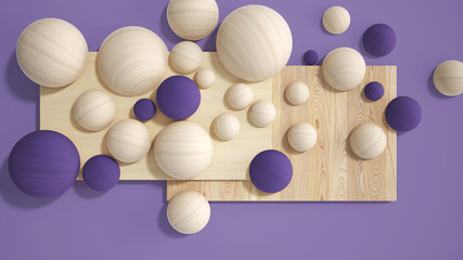 Minimal purple colored background, copy space, wooden planks, cutting board, spheres, bubble made of wood. Interior design concept, mood board