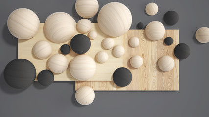 Minimal gray background, copy space, wooden planks, cutting board, spheres, bubble made of wood. Interior design concept, mood board