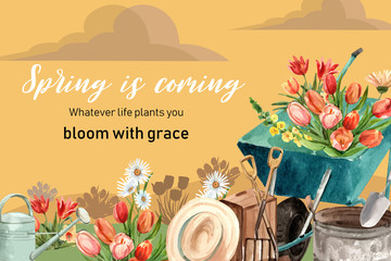 Flower garden frame design with crocus, tulip, mullein watercolor illustration. © photographeeasia