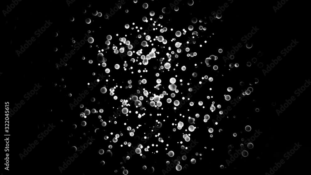 Poster abstract monochrome cloud swaying on black background surrounded by smaller particles, seamless loop