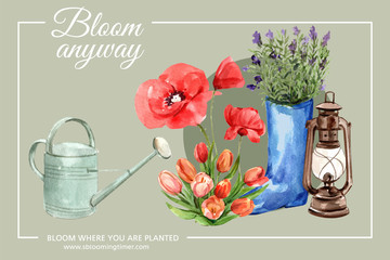 Flower garden frame design with poppy flower, tulip, lantern watercolor illustration. © photographeeasia