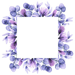 Square frame with watercolor transparent eucalyptus leaves, crocus flowers. Hand drawn illustration isolated on white. Floral сomposition is perfect for greeting card, wedding invitation, logo, poster