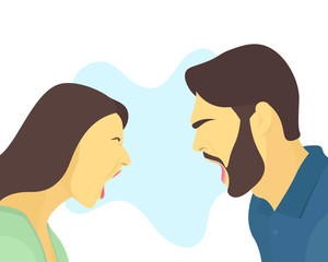 Screaming couple. Unhappy couple. Relationship problems. Divorce concept. Man screams at woman. Flat vector character illustration.