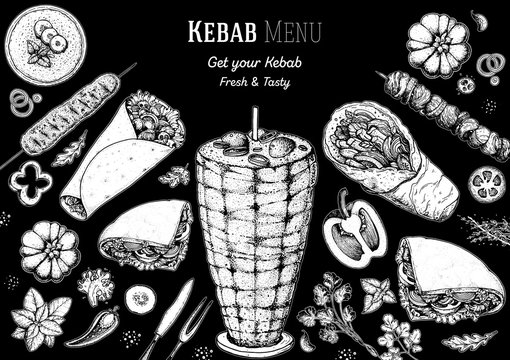 Doner kebab cooking and ingredients for kebab, sketch illustration. Arabic cuisine frame. Fast food menu design elements. Shawarma hand drawn frame. Middle eastern food.