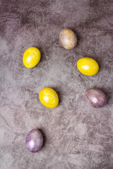 multi-colored easter eggs on a gray background